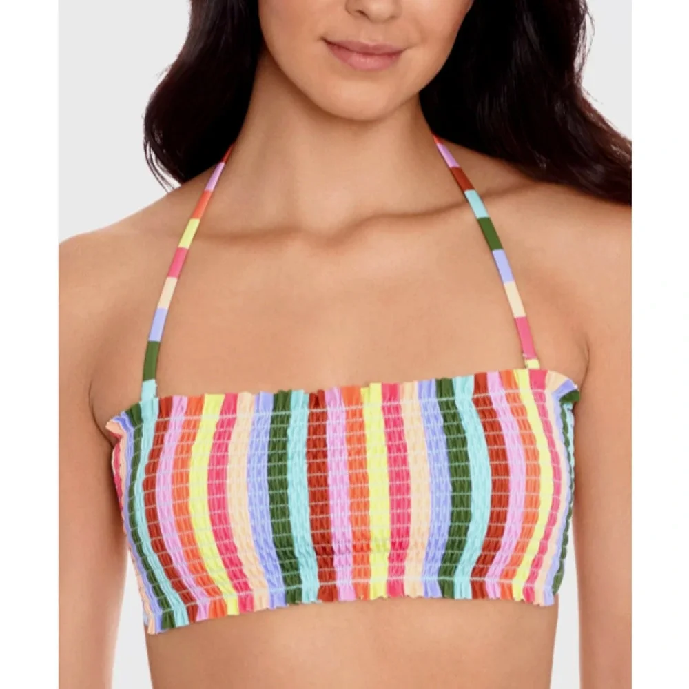 MSRP $20 SALT + COVE Striped Removable Strap Smocked Cabana Bandeau Top Size L